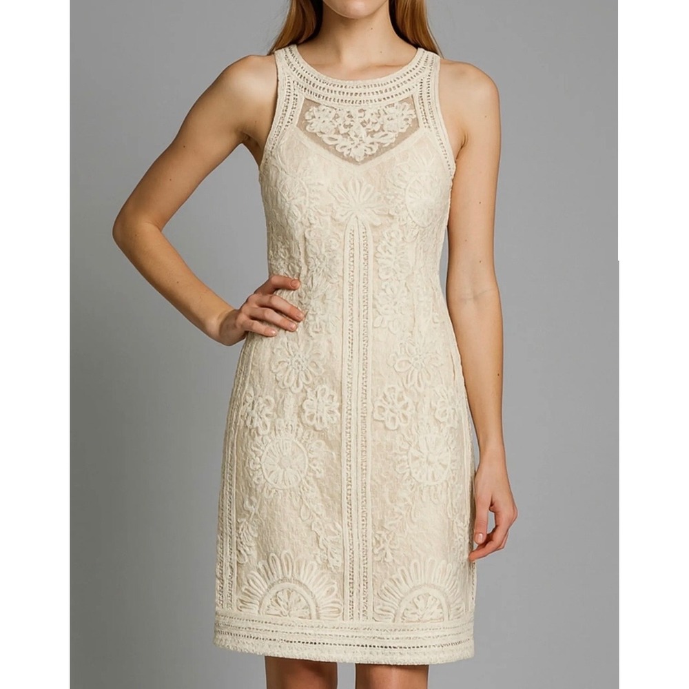 Sue Wong Nocturne Ivoryβ Floral Crochet Lace Illusion Sheath Dress Size 10